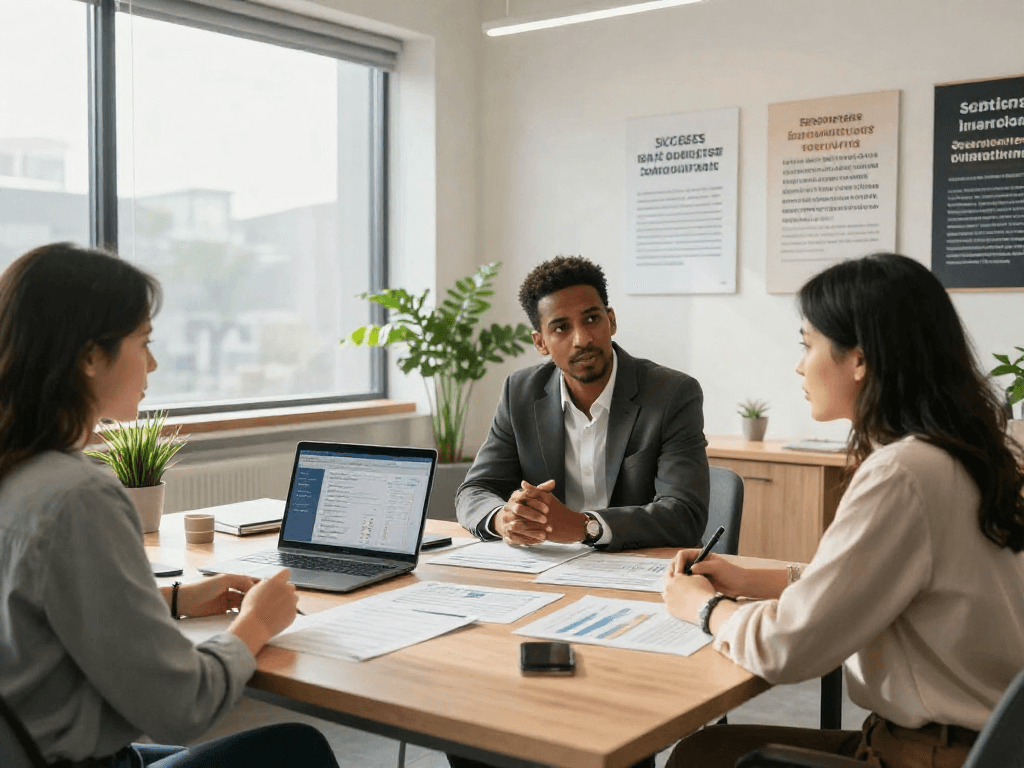 Professional team discussing debt consolidation strategies in a bright office setting.