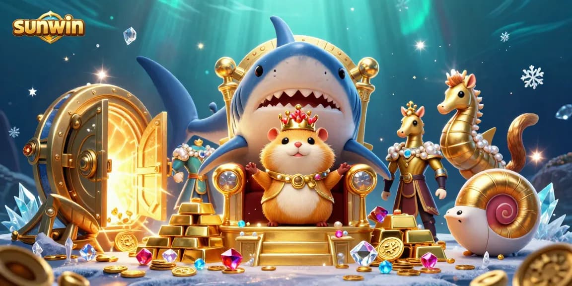 Experience entertainment at Sunwin with a fierce hamster king on a treasure throne amidst jewels and gold.