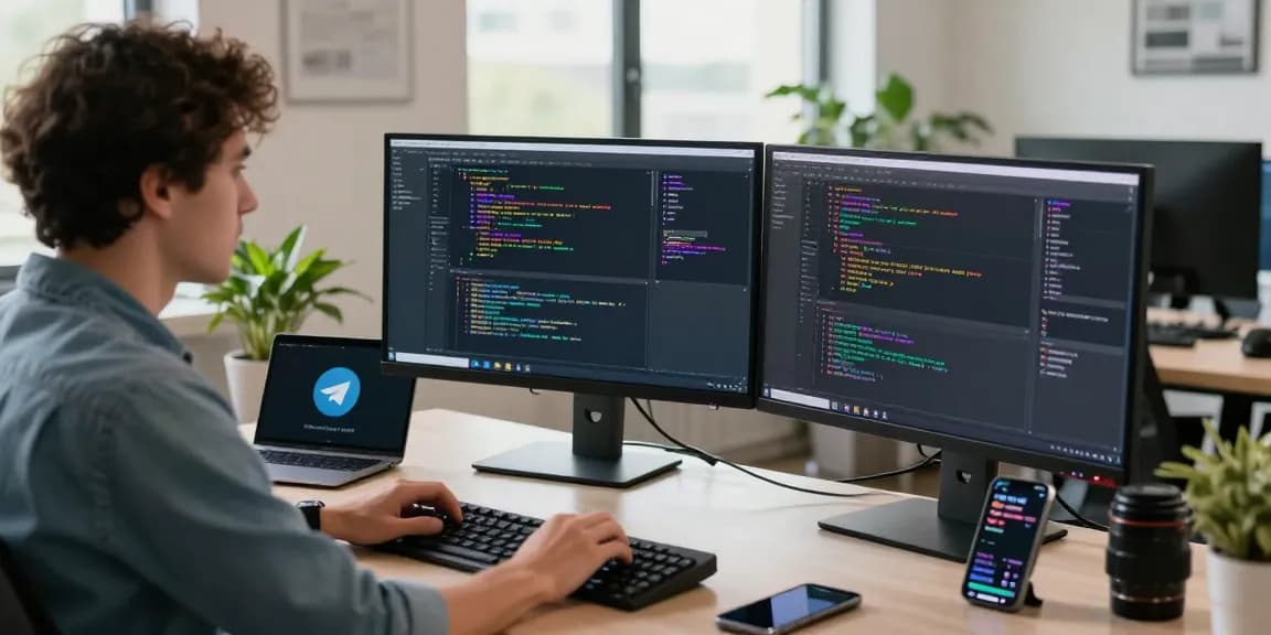 Dynamic workspace scene with Telegram Download displayed, showcasing a developer coding on dual monitors in a modern tech office.