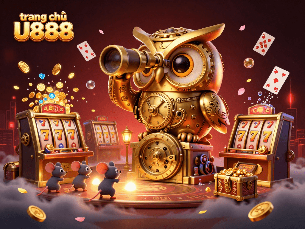 Experience dynamic gaming action at trang chủ U888 with a whimsical, bustling casino scene.