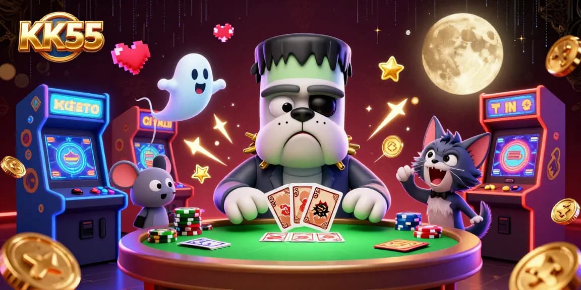 Experience KK55 with a lively scene featuring dynamic cartoon characters and engaging casino elements.