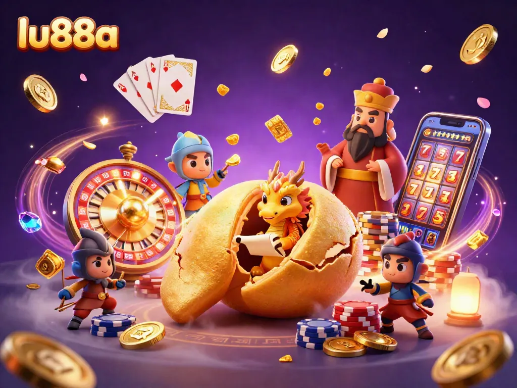 Experience the thrill of lu88a with a vibrant illustration of a dragon, fortune cookie, and casino elements.