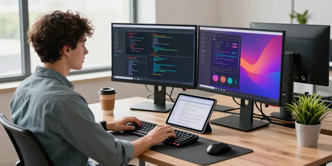 Developer coding at a modern workspace, showcasing Telegram下载 app features on dual monitors for a streamlined development experience.