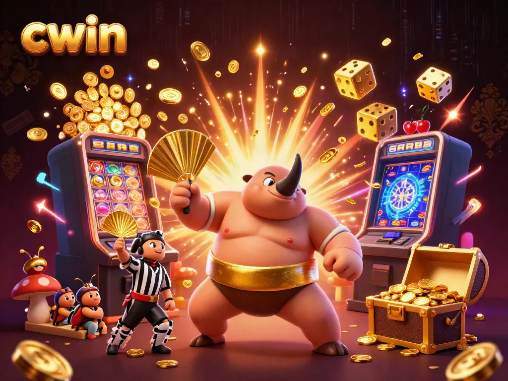 Cwin platform features a dynamic casino scene with a rhinoceros beetle sumo champion amid falling coins and vibrant slot machines.