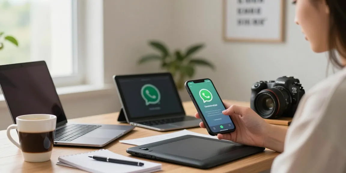 Effortlessly downloading WhatsApp下載 on a smartphone in a stylish workspace.