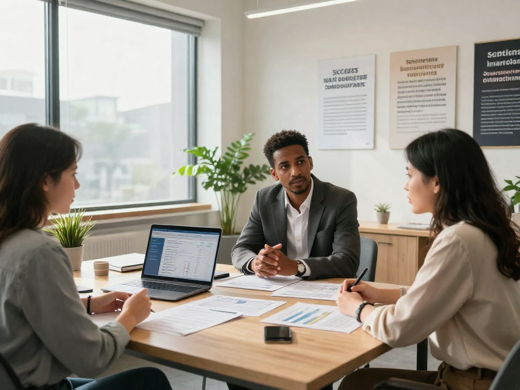 Professional team discussing debt consolidation strategies in a bright office setting.