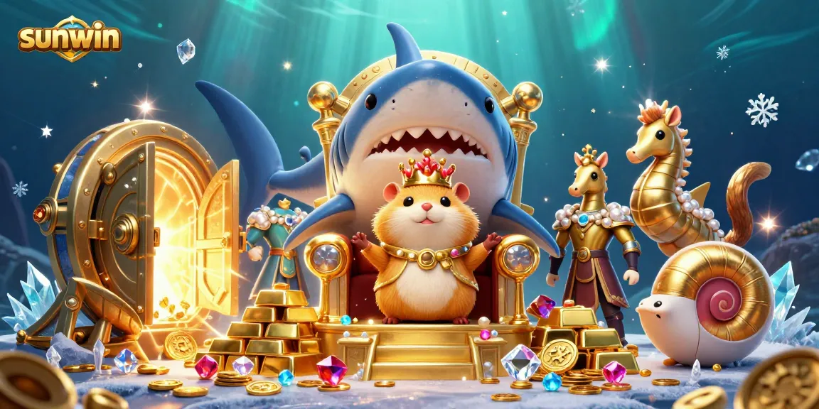 Experience entertainment at Sunwin with a fierce hamster king on a treasure throne amidst jewels and gold.