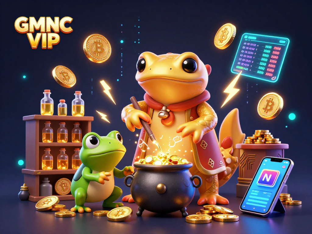 Enhance your winnings with GMNC VIP, a vibrant 3D illustration showcasing a gold transmuting wizard in a crypto-themed casino.