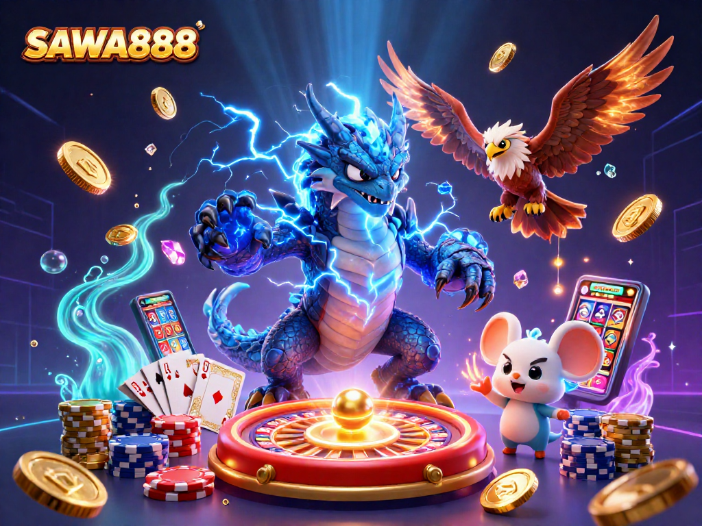 Experience the thrill of gaming at SAWA888 with vibrant characters celebrating jackpots amidst a sea of golden coins.