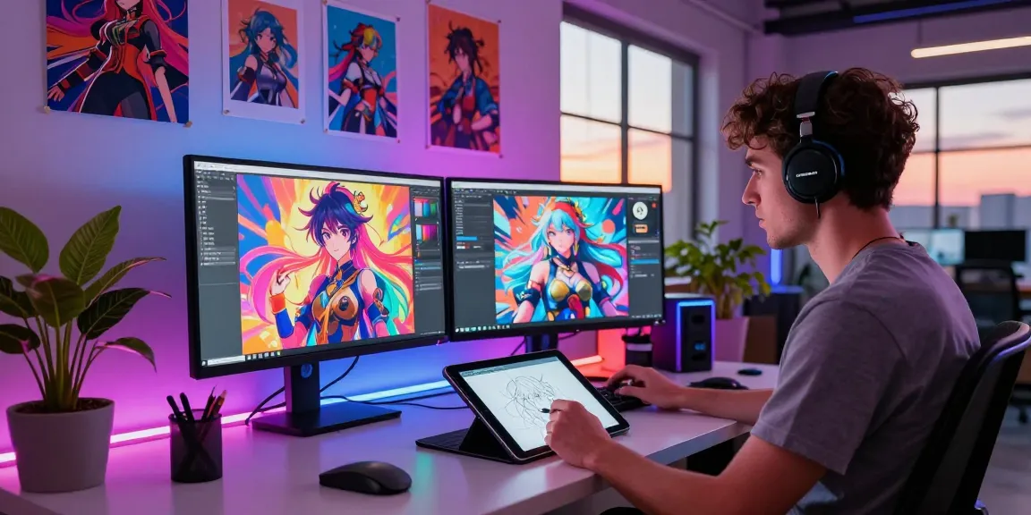 Creative professional designing ecchi AI character art in a digital studio.