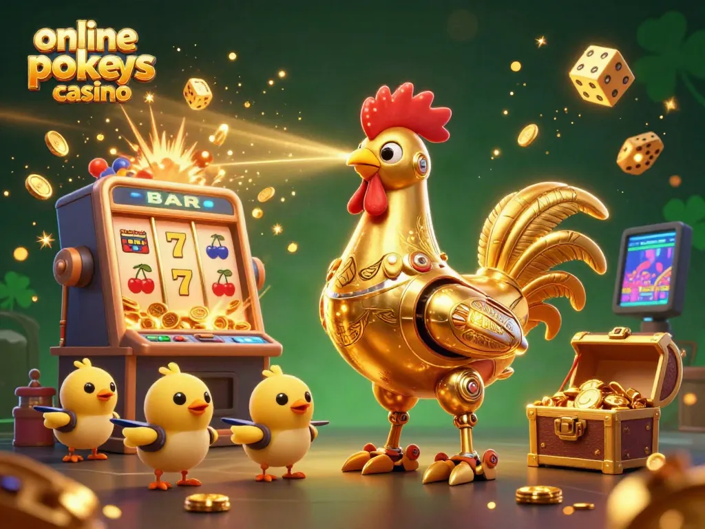 Experience the excitement of online pokies casino with a vibrant 3D scene featuring playful characters and jackpot elements.
