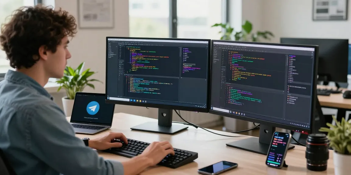 Dynamic workspace scene with Telegram Download displayed, showcasing a developer coding on dual monitors in a modern tech office.