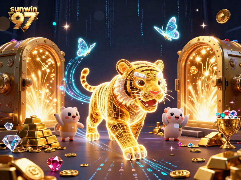 Engage in thrilling gameplay with sunwin 97, featuring a neon-wireframe golden tiger in a vibrant casino
