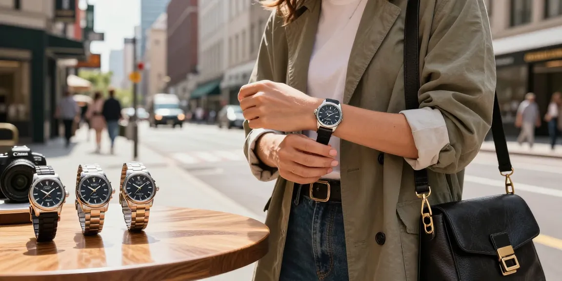 Stylish individual showcasing a luxury clone watch against an urban backdrop