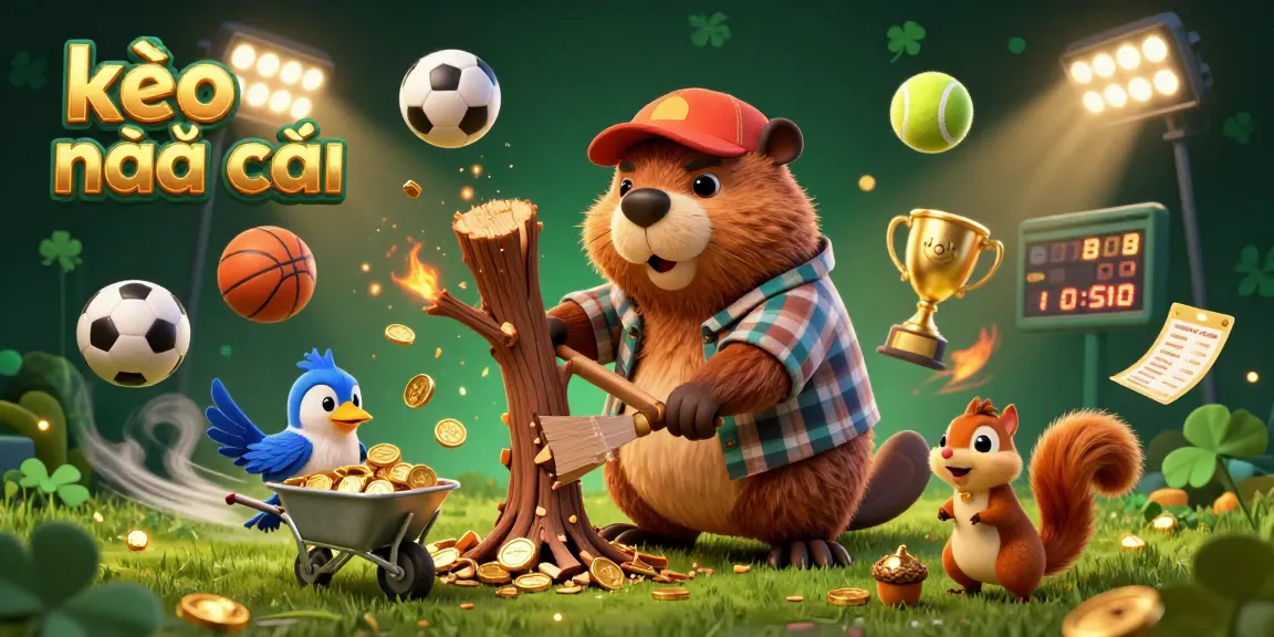 Bet on kèo nhà cái with a vibrant scene featuring a cartoon beaver, sports elements, and glowing coins.