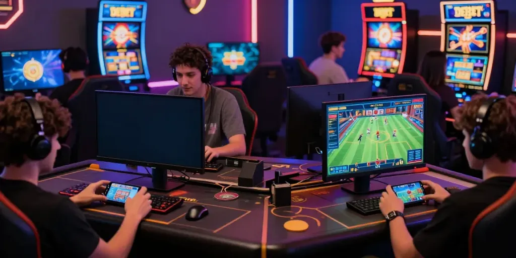 DEBET online gaming platform in action, highlighting players on mobile and desktop devices.