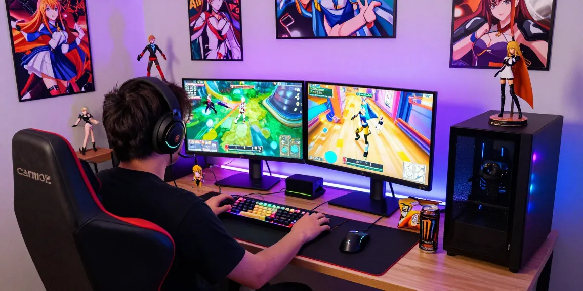 Engaged gamer playing a hentai game in a vibrant gaming setup with dual monitors showing game content.