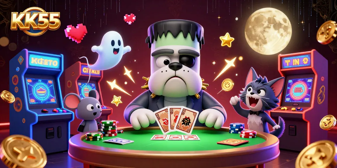 Experience KK55 with a lively scene featuring dynamic cartoon characters and engaging casino elements.