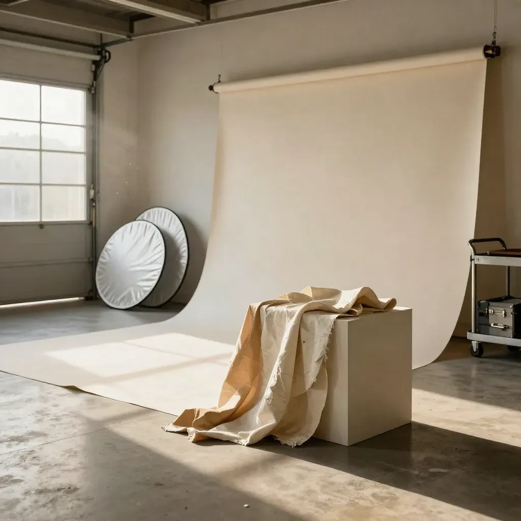 Brand shoot studio bay with seamless paper, reflector discs, fabric swatches and pedestals in warm light