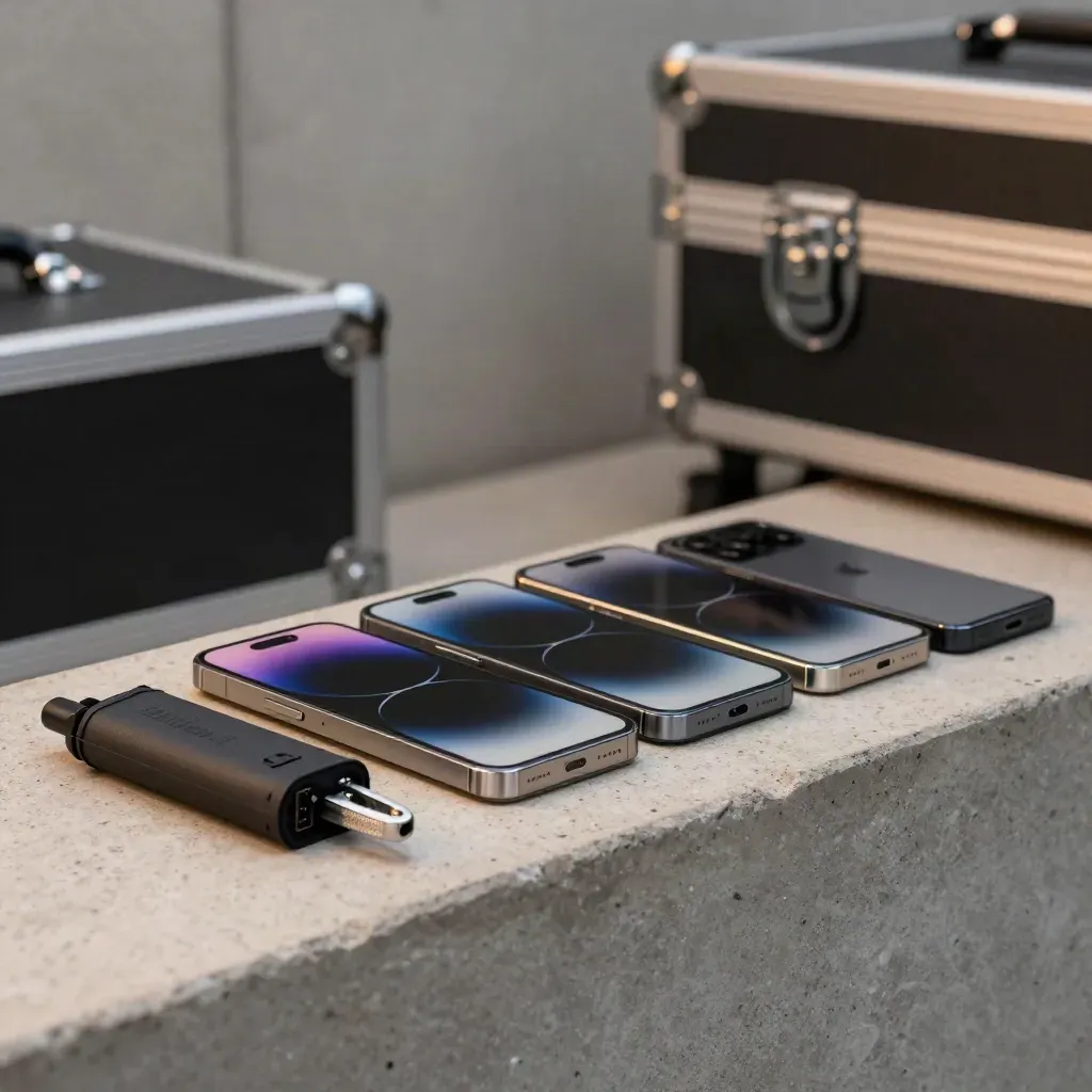 Staggered phones with creator tools on travertine and concrete, lit by a cool violet glow.