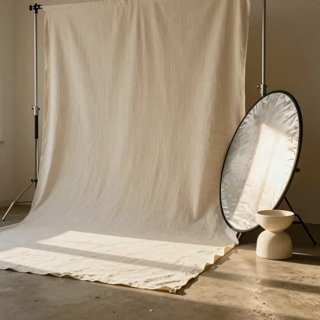 Linens, reflector disc and metal stand staged in a bright studio corner with soft daylight.