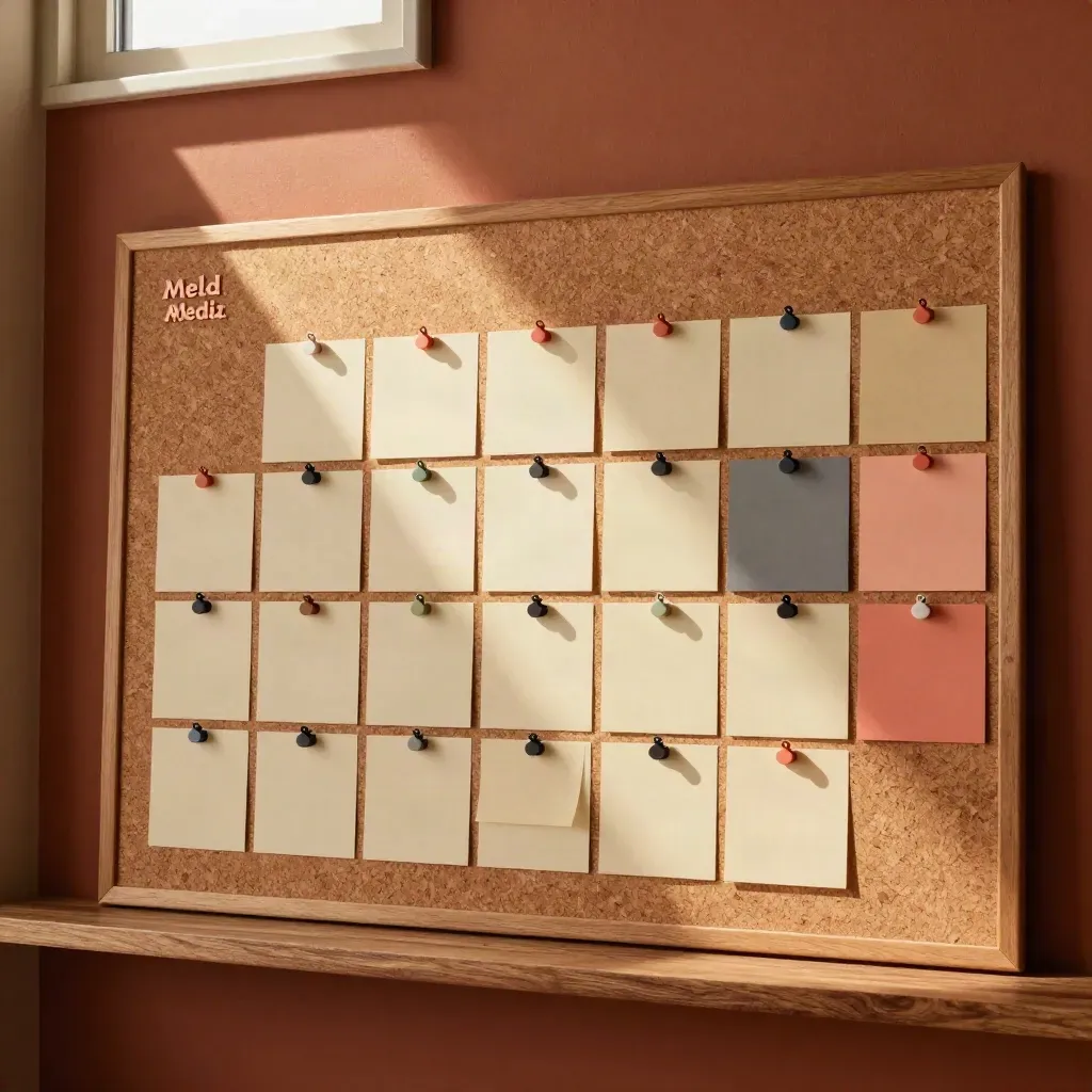 Content planning board with blank cards, colour tabs, and adhesive markers in a monthly grid.