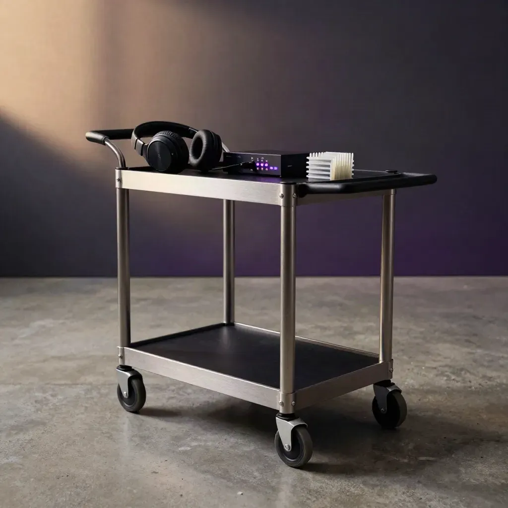 Low-angle edit cart rolling across a studio floor with headphones and audio gear, violet glow.