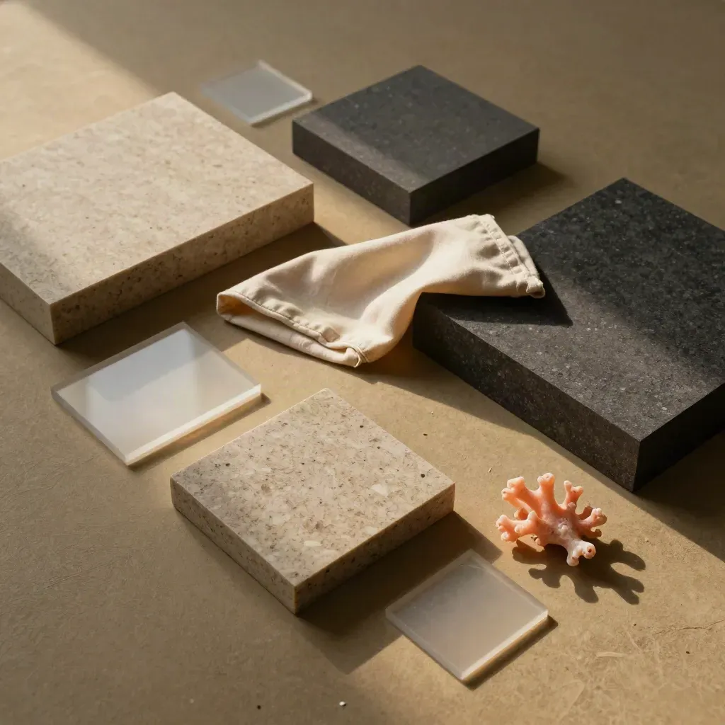 Overhead cinematic still-life of plinths, diffusion cloth and coral acrylic on a moody studio floor.