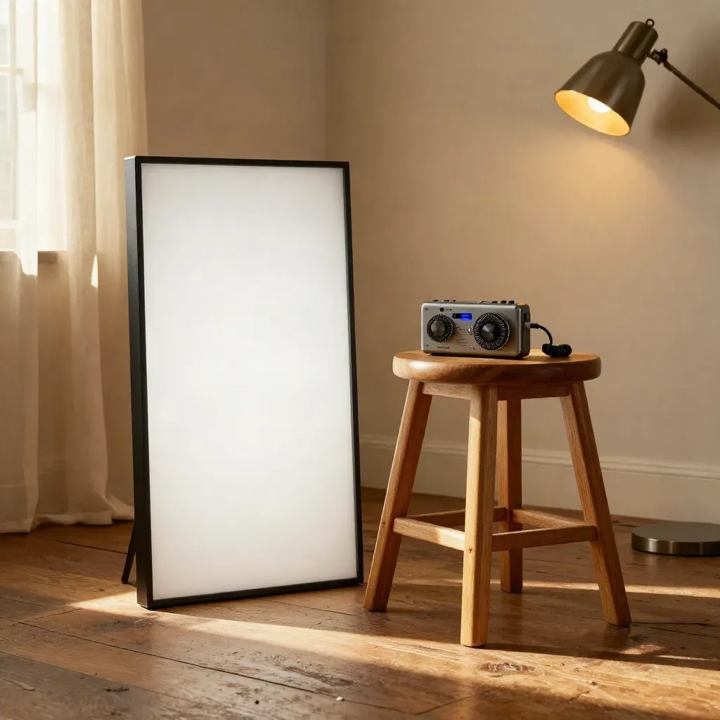 Light box, audio recorder and stool in a warm studio corner with late sun and amber practical light.