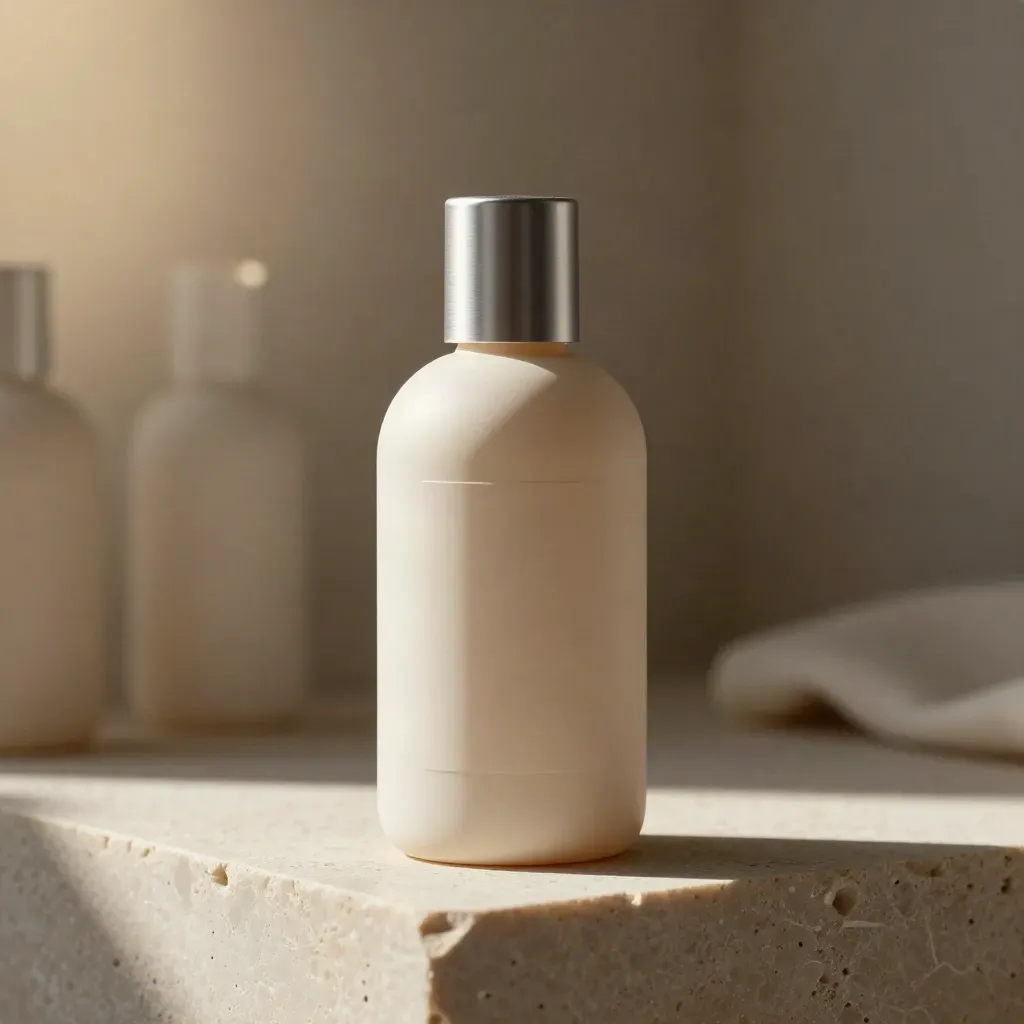 Matte product bottle on a plinth in a hazy studio, lit by a soft white reflector.