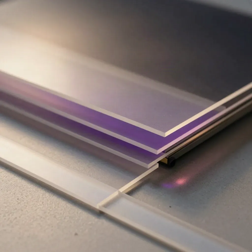 Acrylic title slats align on a light table with violet reflection and soft haze.