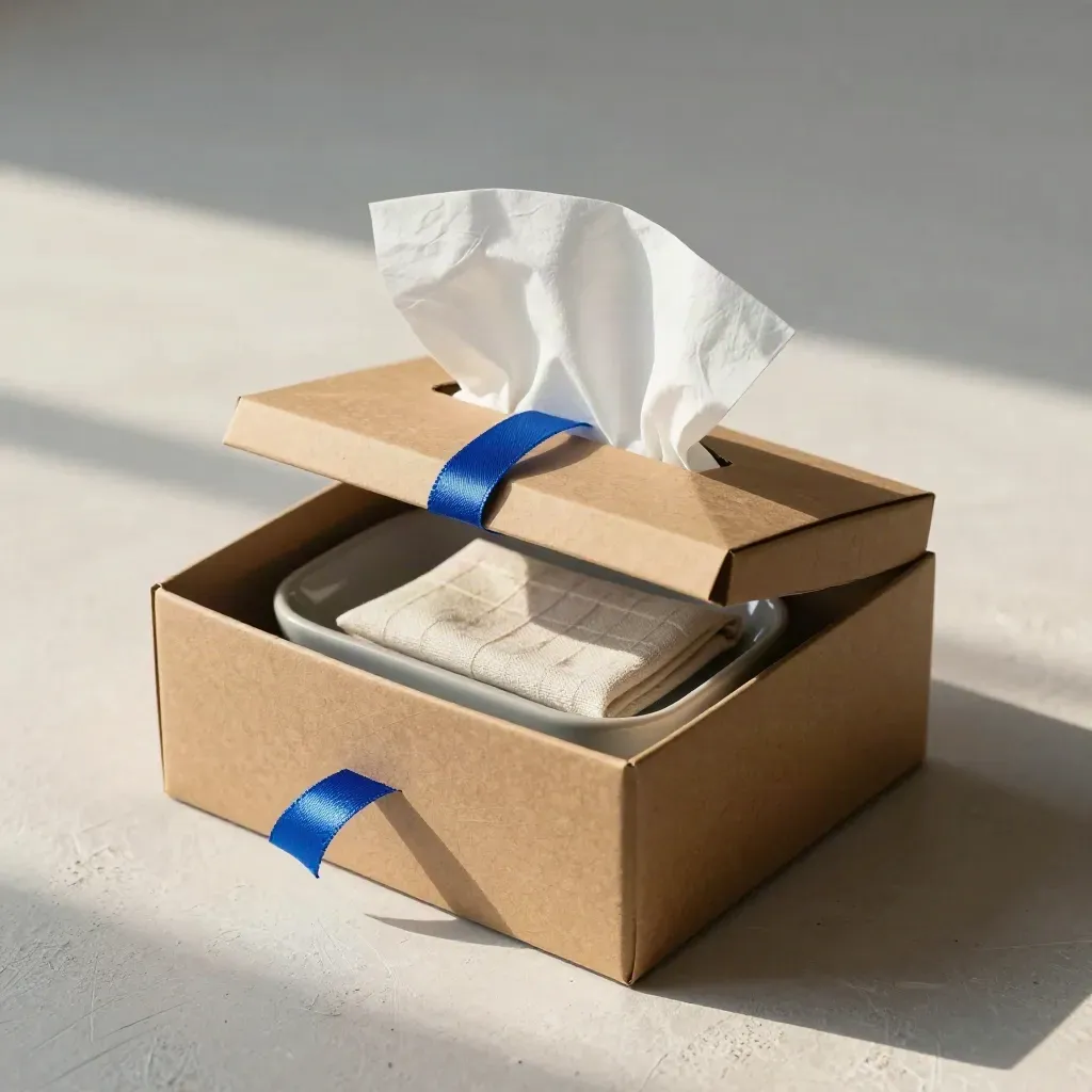 Open kraft launch box with blue tissue on pale plaster, overhead still life for startup launches.