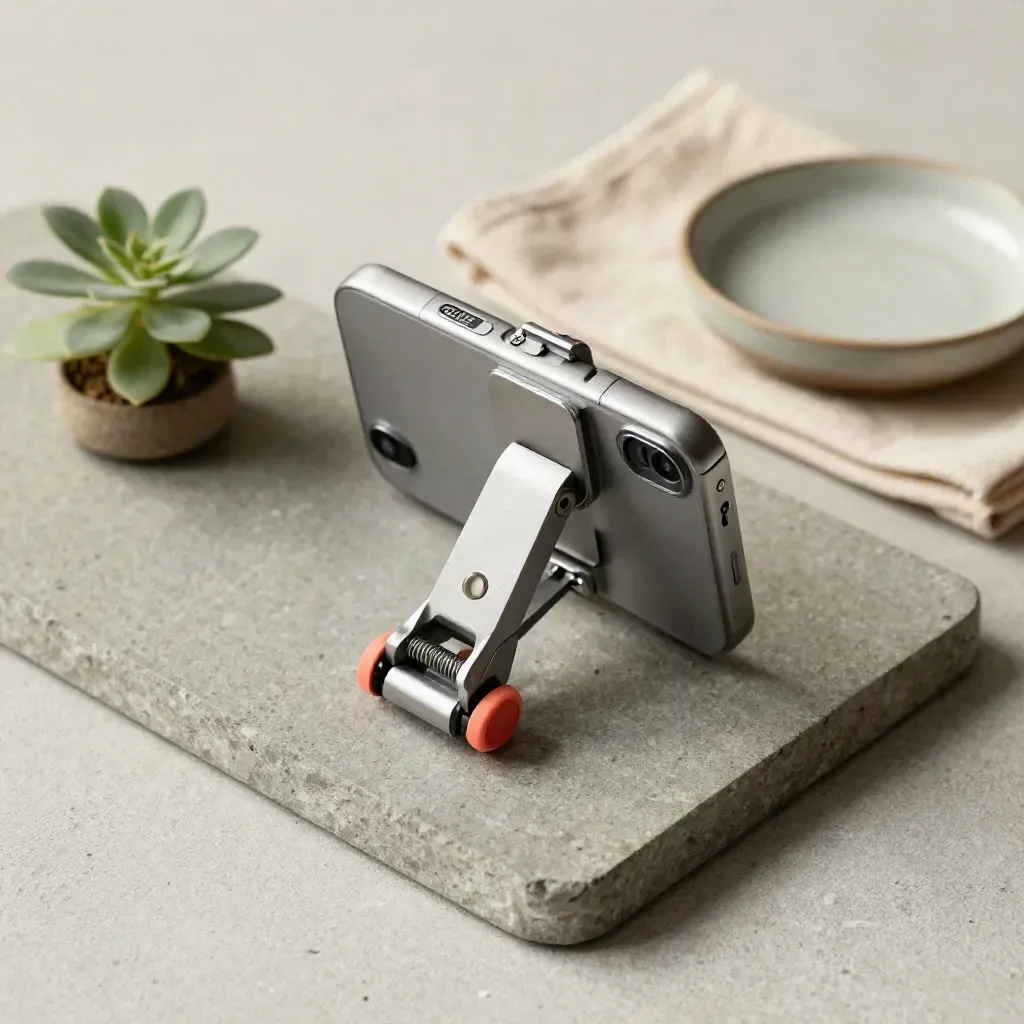 Top-down still life of a smartphone clamp, mini tripod head, plant, cloth and dish on a stone tray.