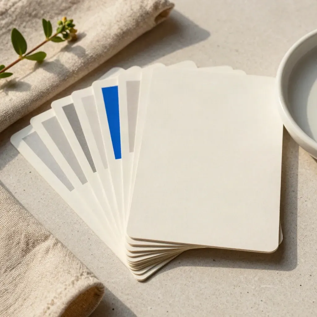 Proof cards with linen, sprig and ceramic dish on plaster, lit by soft daylight.