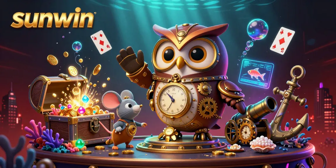 Experience sunwin’s thrilling casino adventure with steampunk characters amidst glowing treasures and vibrant game elements.