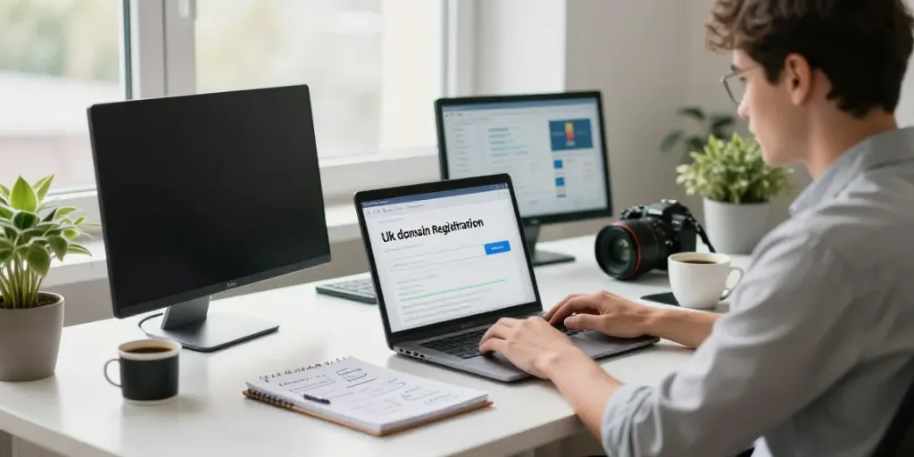 Professional engaged in .uk domain registration at a modern workspace