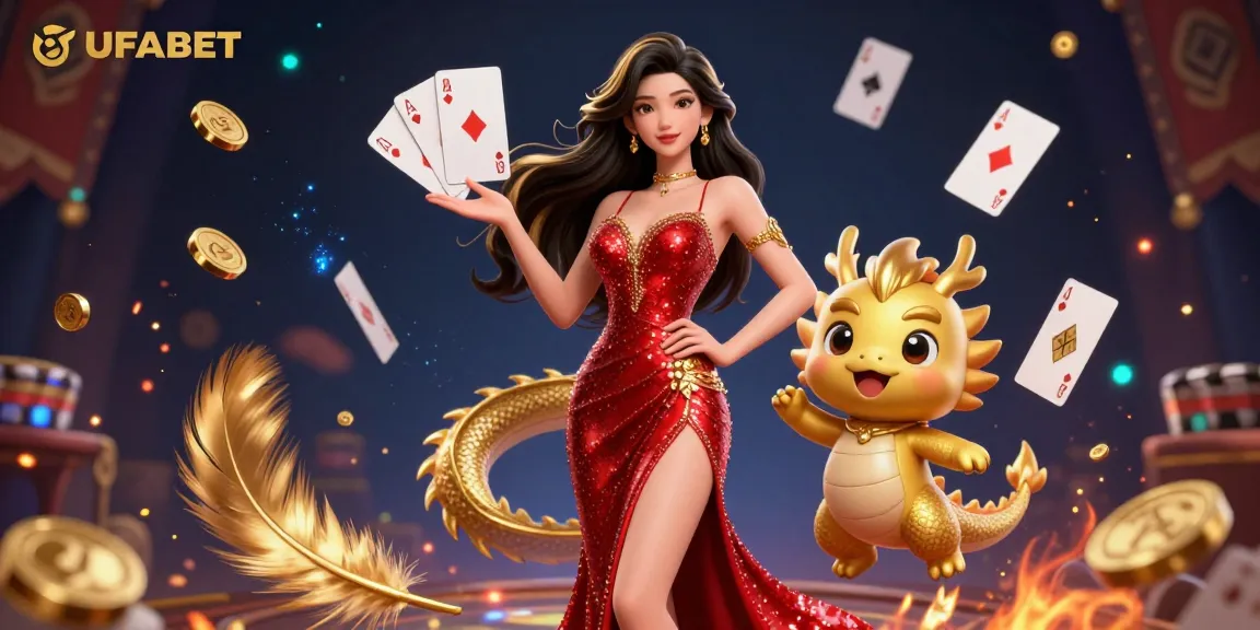 Bet high on UFABET with a stunning illustration featuring a glamorous Asian woman and a friendly dragon in a vibrant casino.