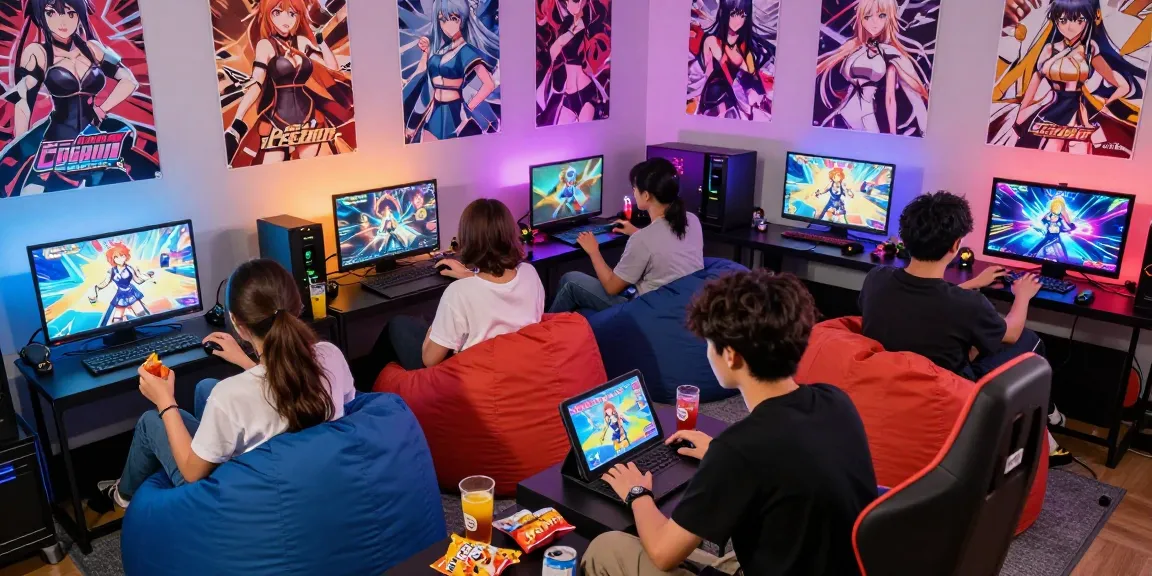 Gamer friends enjoying ecchi games together in a cozy gaming den.