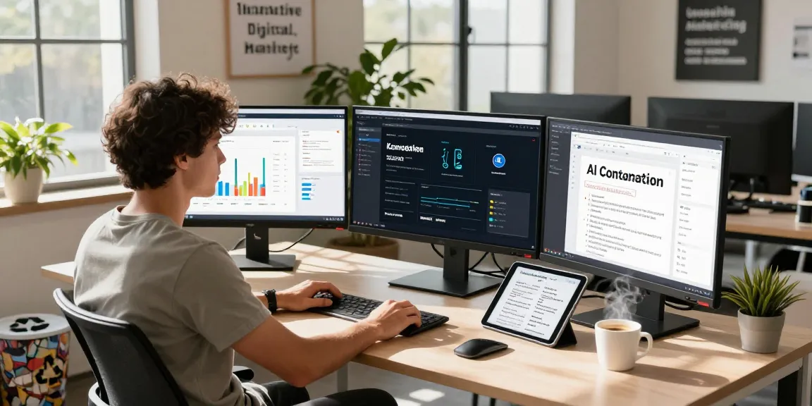 Digital marketer using AI SEO tools in a modern workspace with multiple monitors, showcasing innovative content strategies.