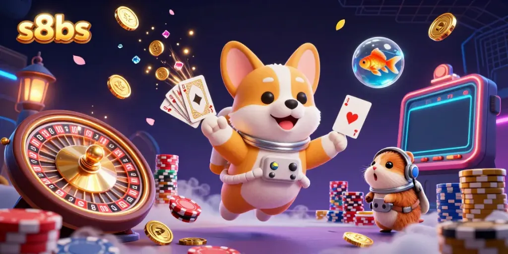 Experience thrilling wins at s8bs in a dynamic casino scene featuring an astronaut corgi and a roulette wheel.