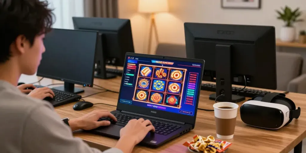 Engaged player exploring TX88 online gaming platform featuring vibrant slot games.