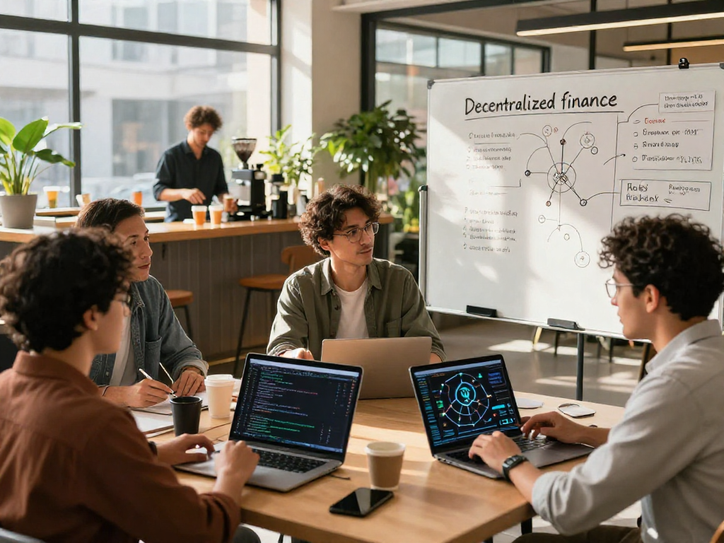 Group collaborating on Tornado Cash project in a modern urban co-working space, showcasing technology and innovation.