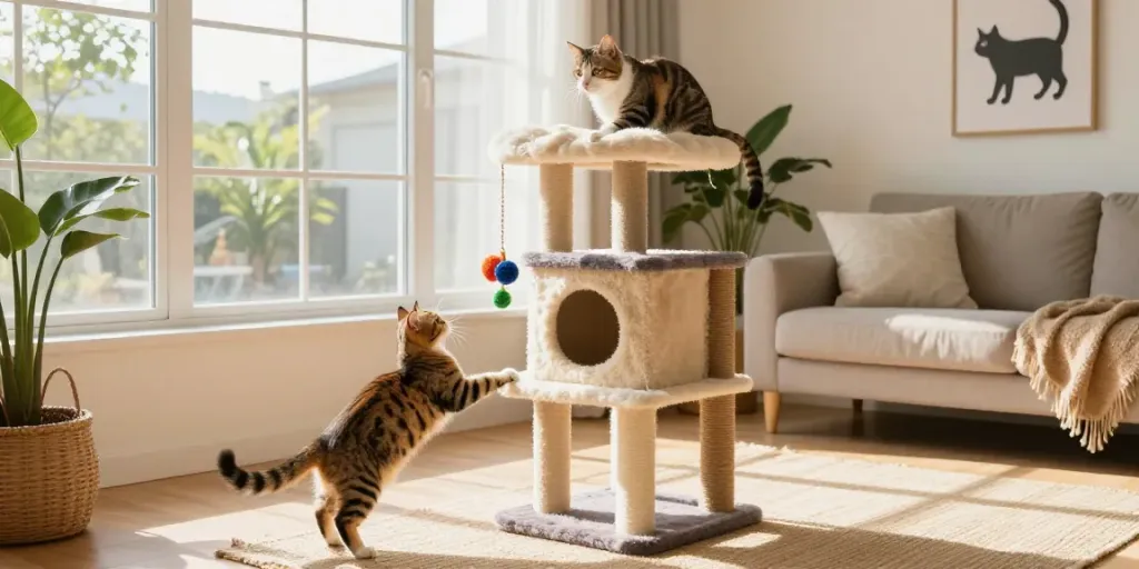 Playful cats on a stylish cat tower cat tree in a bright living room.