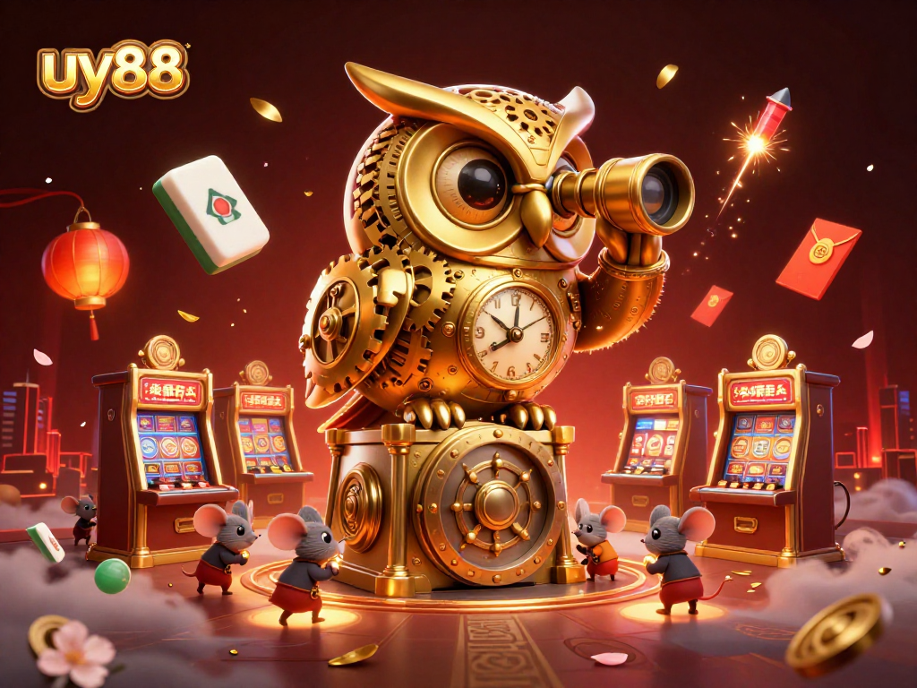 Enhance your winning chances at uy88 with vibrant gaming visuals of golden owls and slot machines.