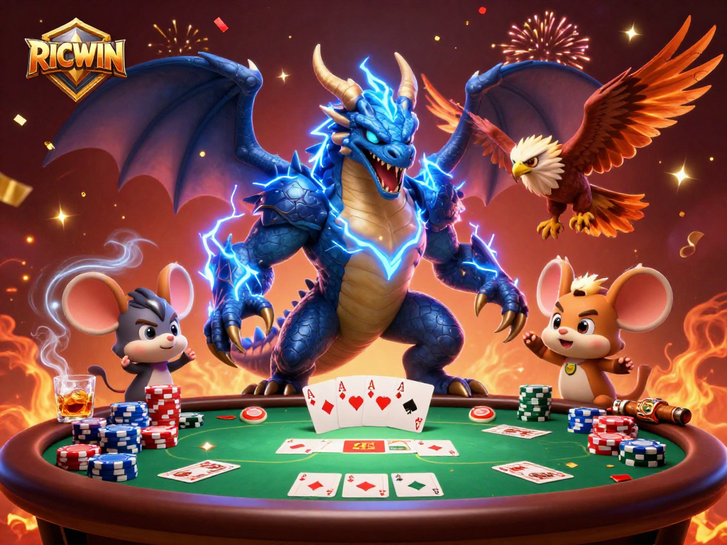 Experience thrilling poker action with RICWIN's vibrant casino illustration featuring dragons and cards.