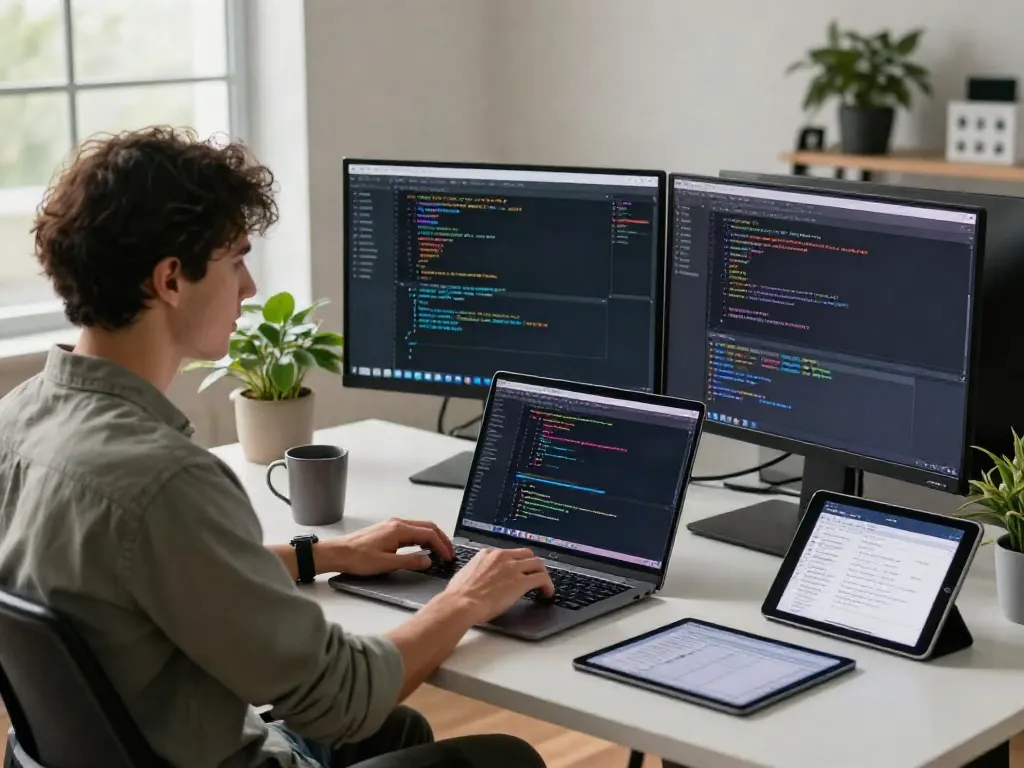 Developer utilizing instant indexing tools in a modern workspace with dual monitors and coding interface.