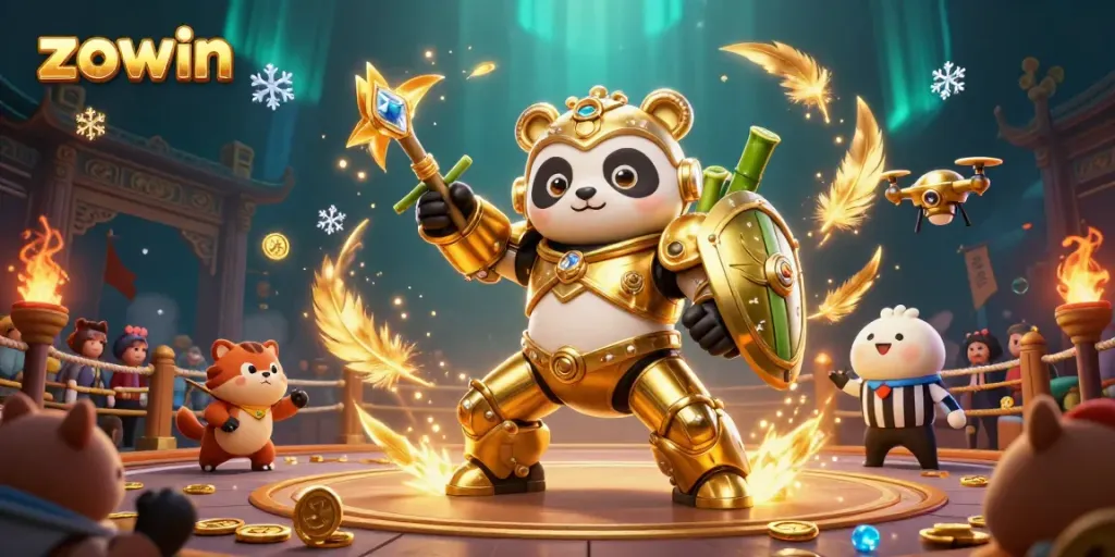 Zowin enhances your gaming experience with an exciting 3D panda battle arena scene
