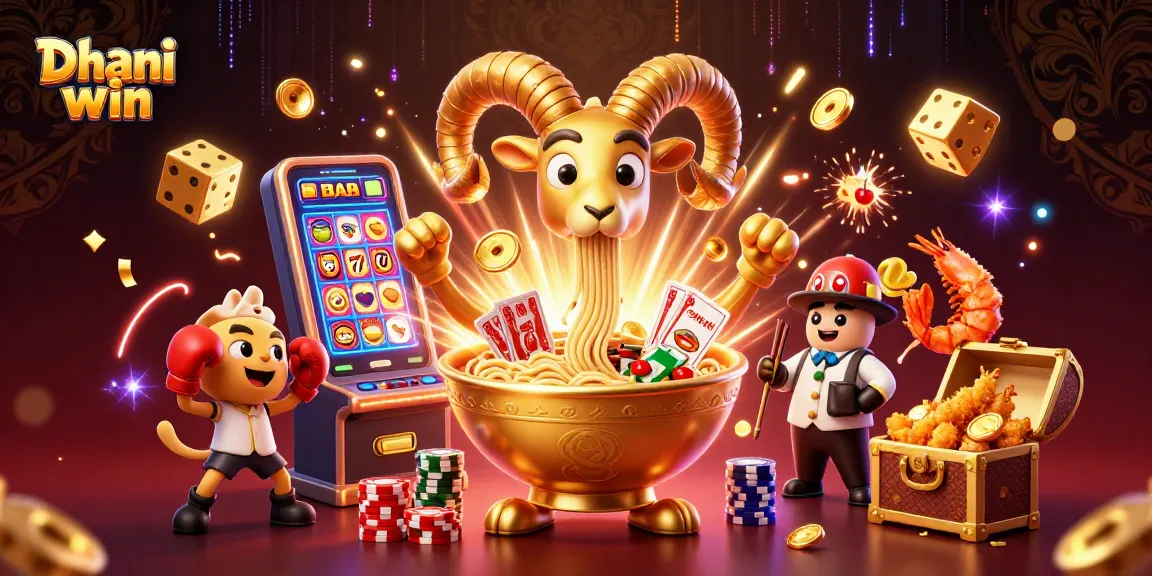 Dhani win gameplay with a vibrant 3D illustration featuring unique characters and bursting slot machine elements.